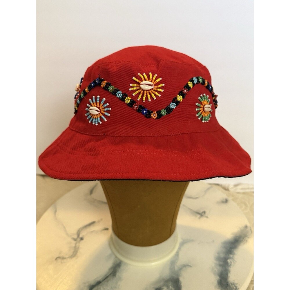 Vintage Beaded Red Bucket Hat Cotton Canvas Sun Cap Boho Beach Festival One Size